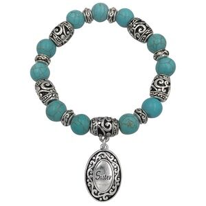 Turquoise and Silver Tone Sister Charm Stretch Bracelet